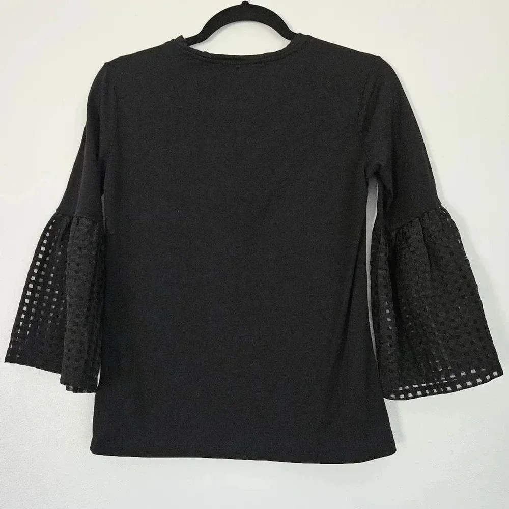 MAETTE Black Bell Sleeve Sheer Check Top Womens Extra Small‎ XS